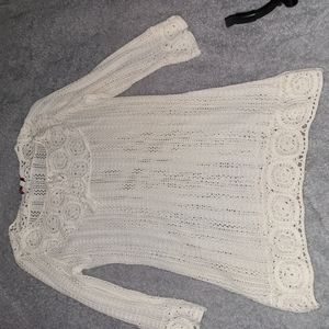 cb Size Large White Woven Wooll Knit Sheer Lace Sweater
